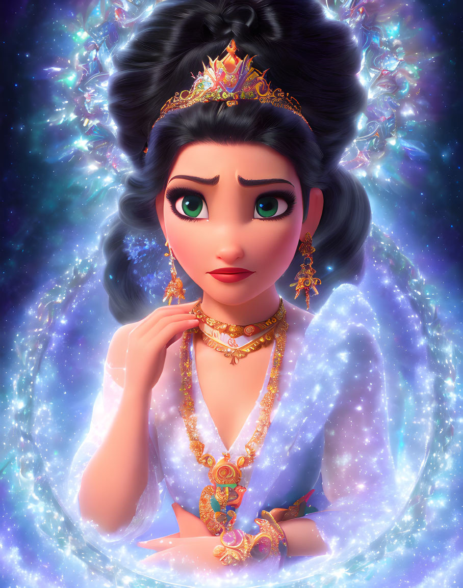 Animated female character with large expressive eyes in regal attire and gold jewelry on cosmic backdrop