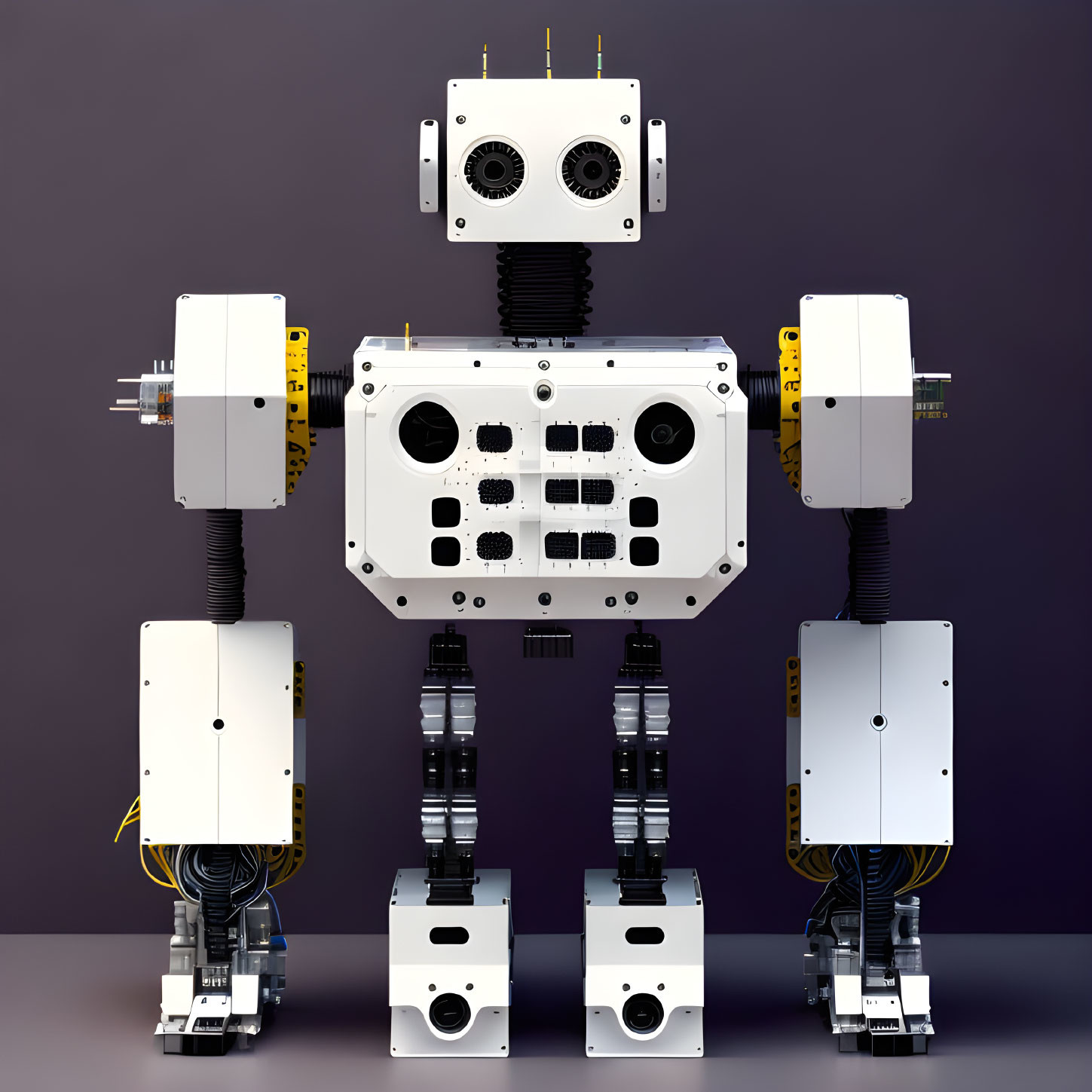 Square-bodied modular robots with mechanical limbs on purple backdrop