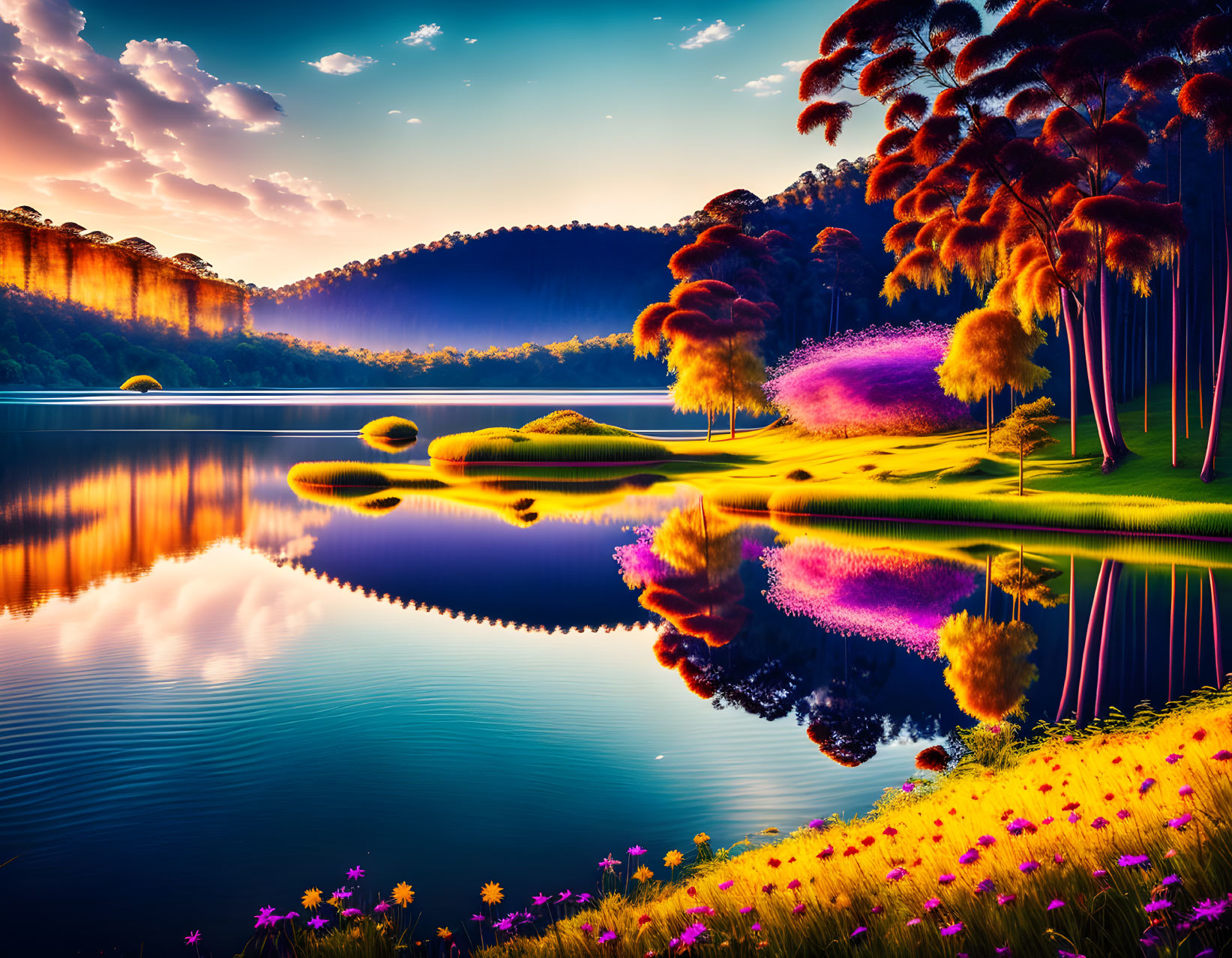 Colorful trees and mirror-like lake in surreal landscape