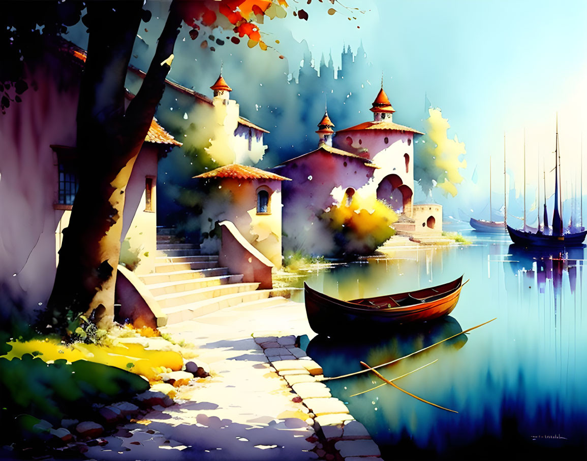 Serene lakeside scene with moored boats and autumnal trees