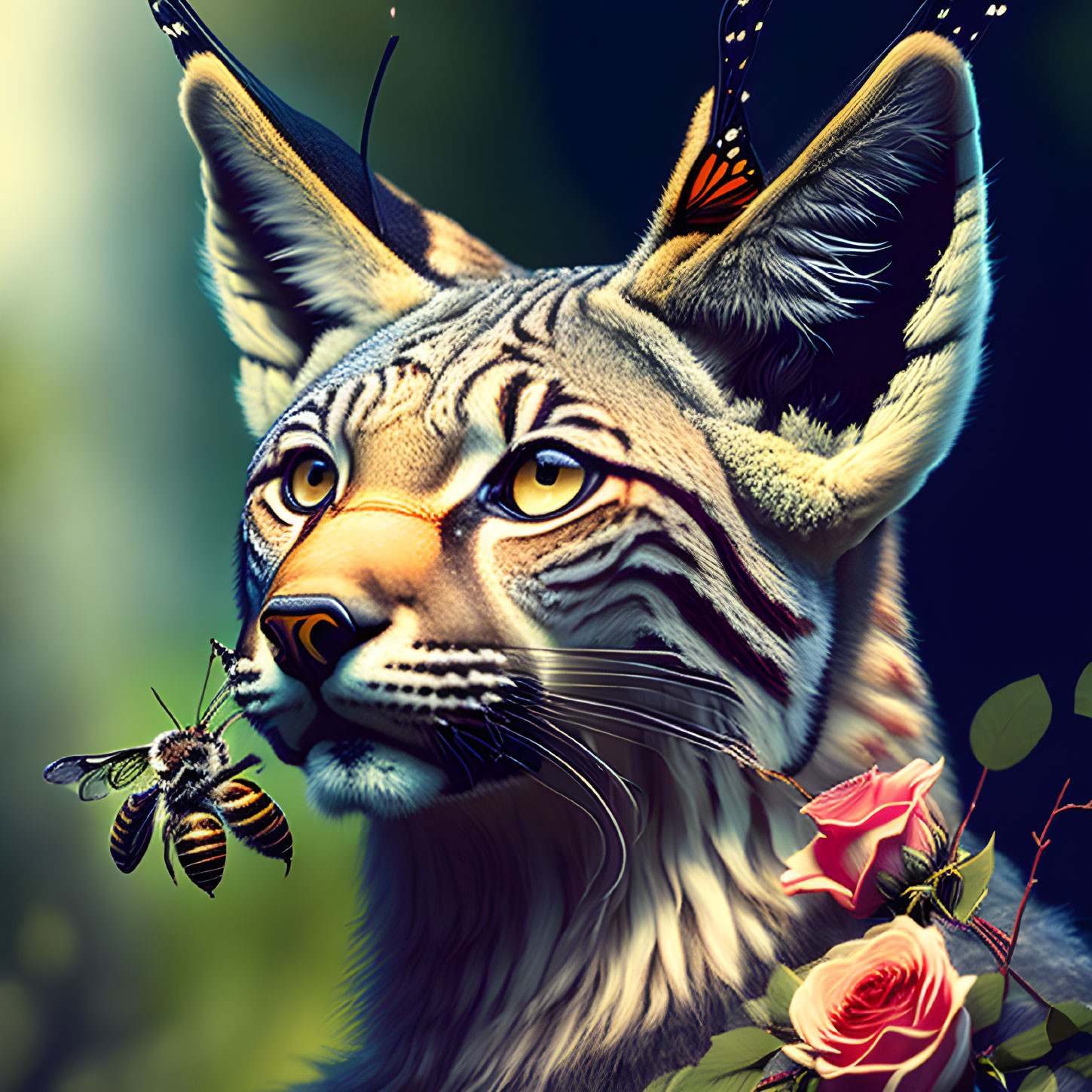 Digital illustration: Lynx head with butterfly antennae, bees, roses, and lush foliage.