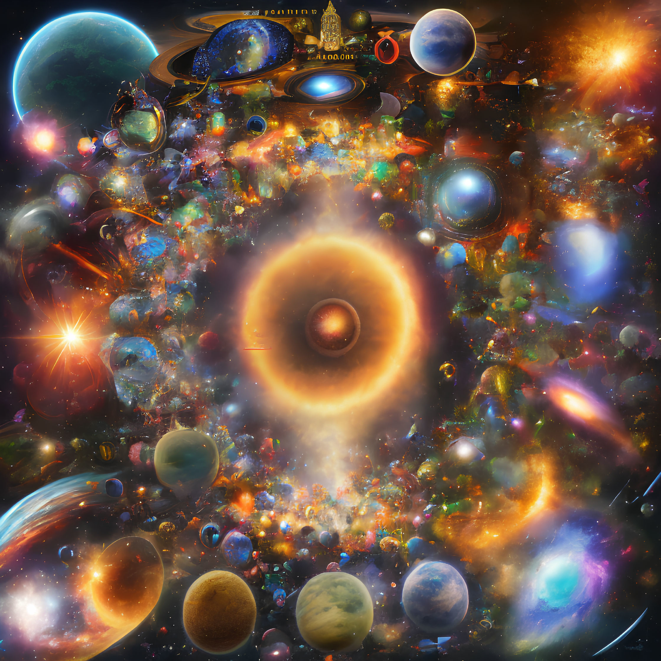 Colorful Cosmic Collage of Planets, Stars, and Nebulae