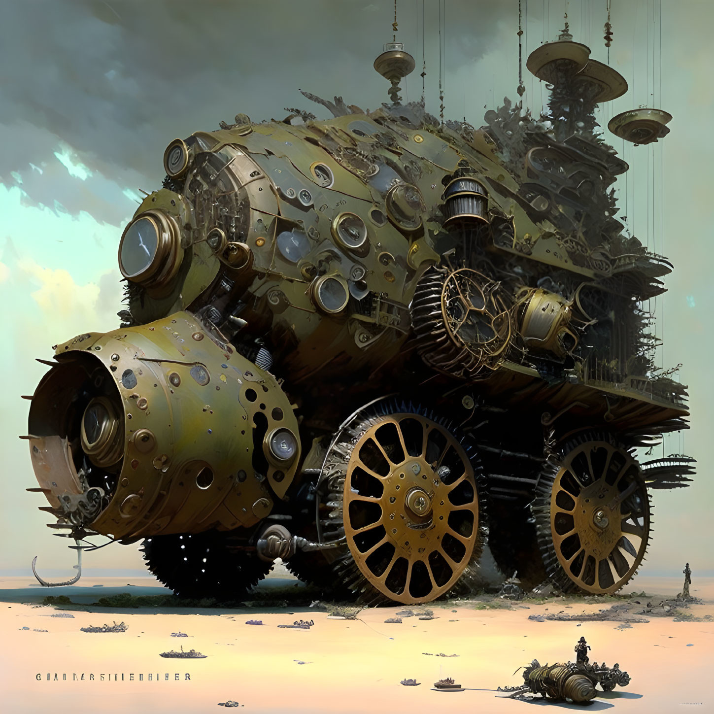 Steampunk-style vehicle with gears and wheels in desolate landscape