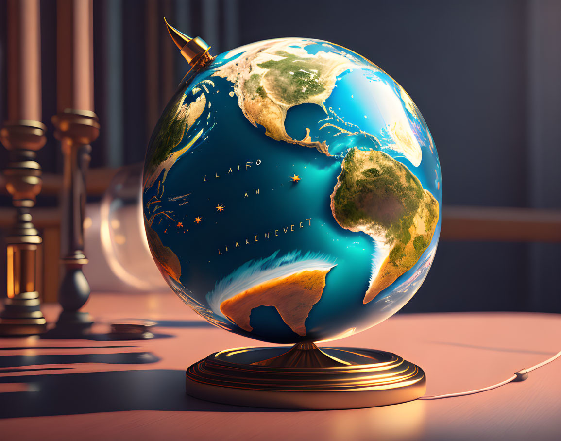 Stylized glossy globe on gold stand with pen on wooden desk