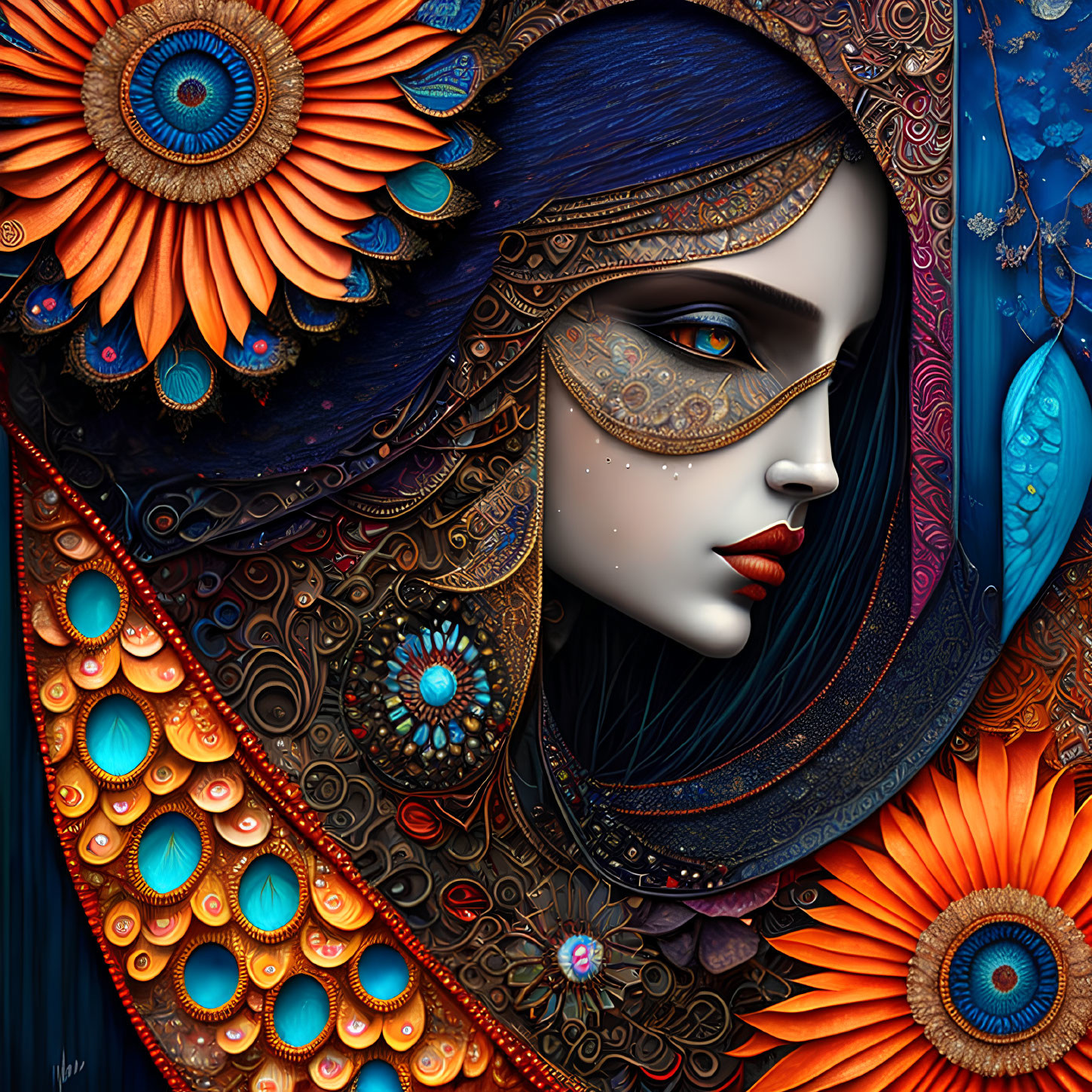 Colorful artwork featuring woman with mask and floral motifs