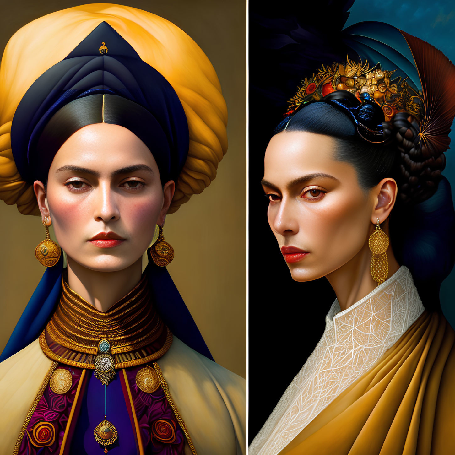 Symmetrical modern portraits of a woman in traditional turban and ornate jewelry