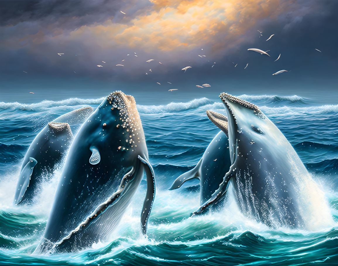 Humpback Whales Breaching in Stormy Ocean Scene