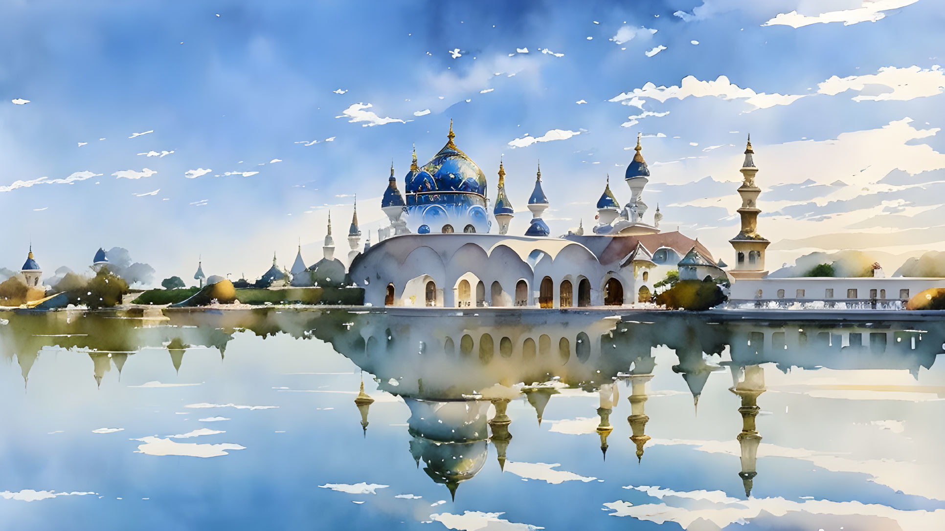 Majestic mosque with blue domes and spires reflected in water