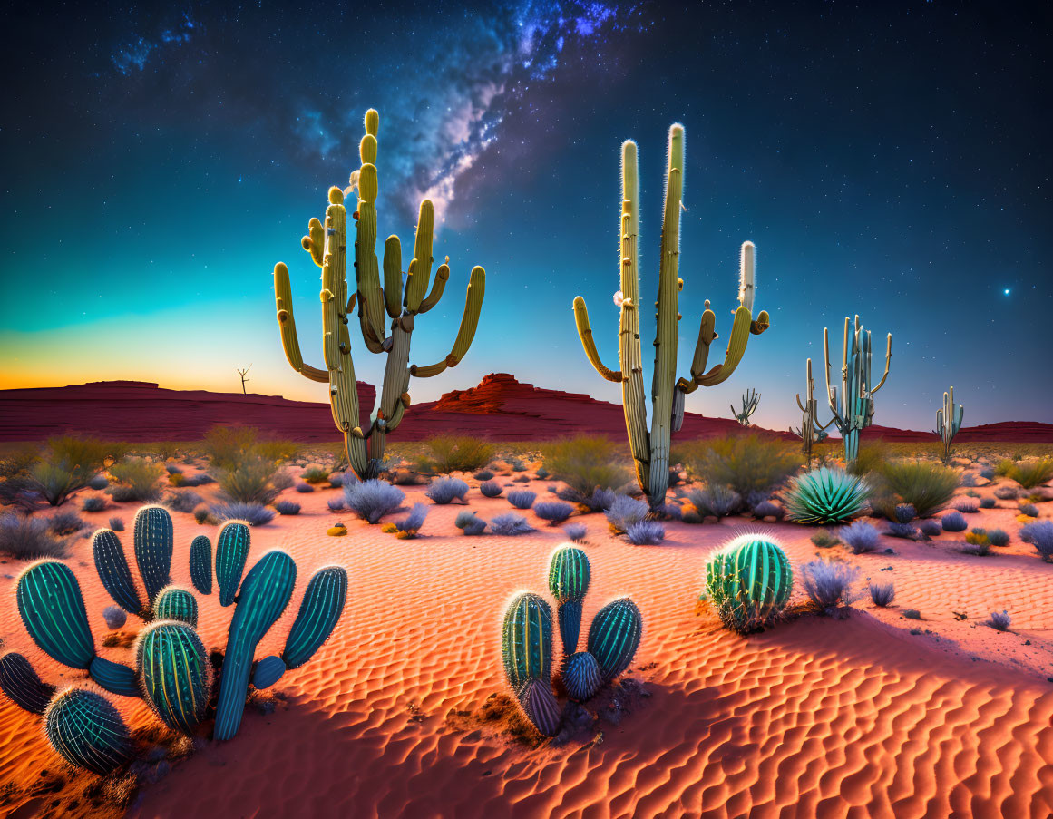 Desert landscape at twilight with towering saguaros under starry sky