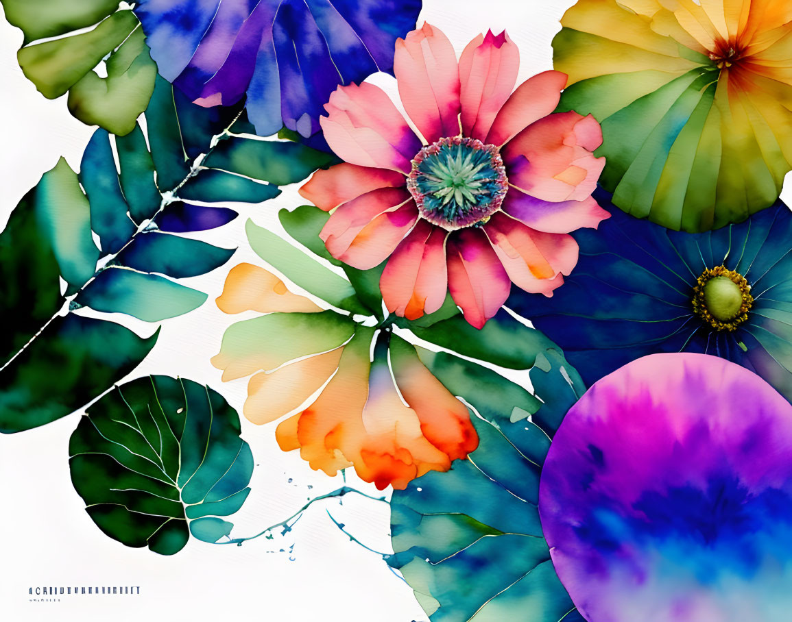 Vibrant watercolor painting of colorful flowers and leaves in blue, green, orange, and purple