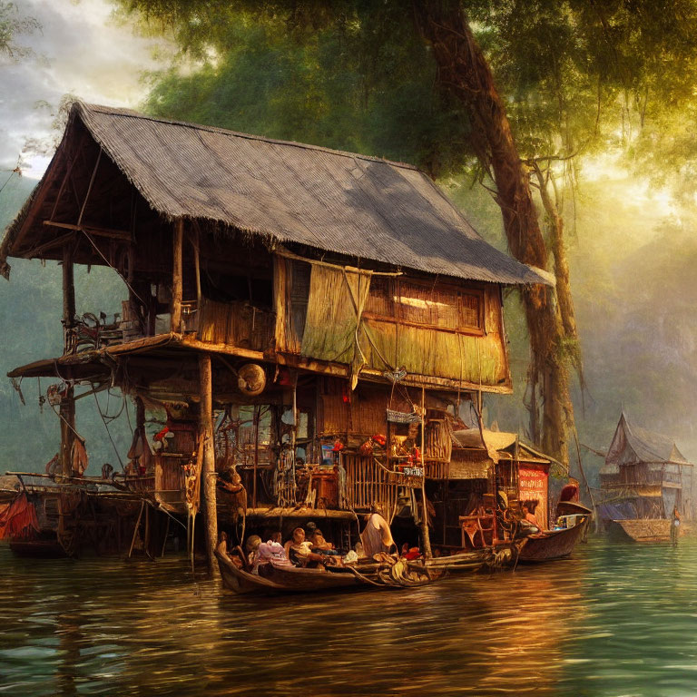 Rustic stilt house by river at sunset with family in boat