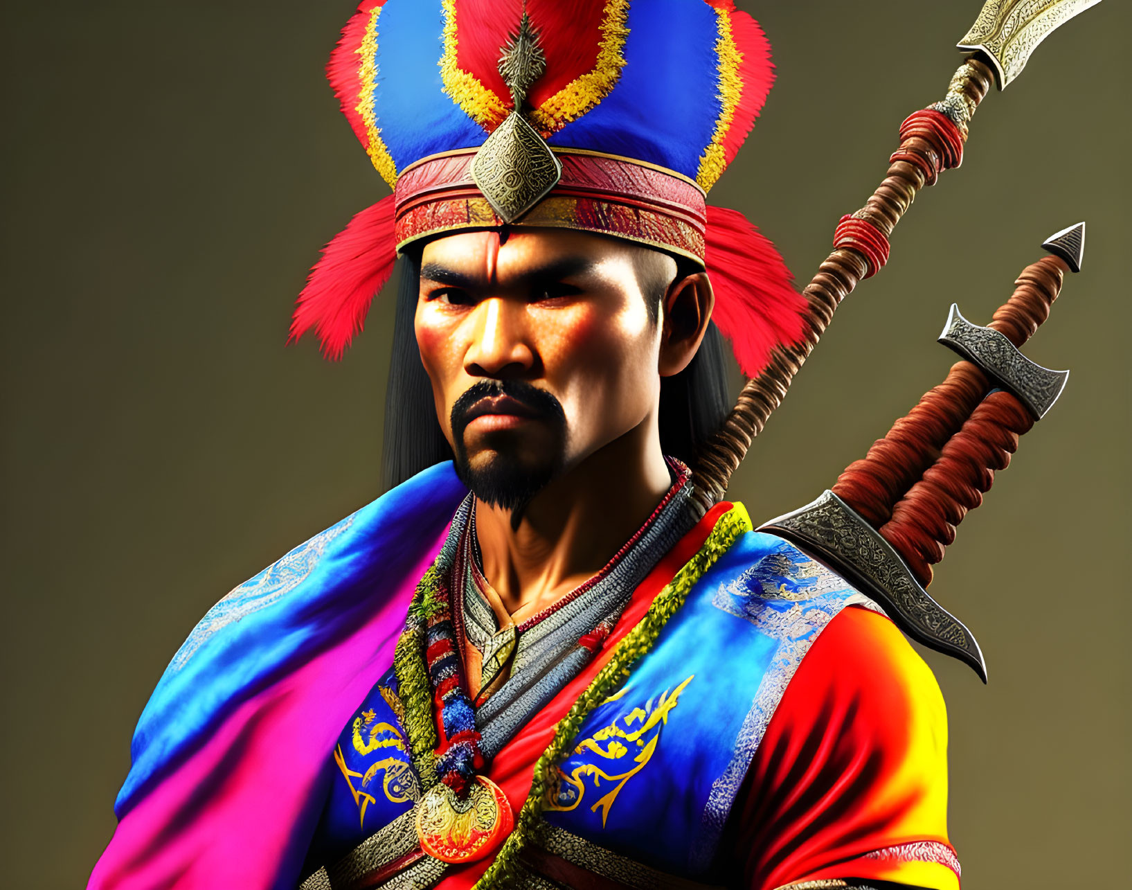 Colorful Asian Warrior in Traditional Armor with Halberd - 3D Rendering