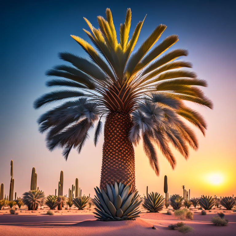 Majestic Palm Tree in Desert Landscape at Sunset