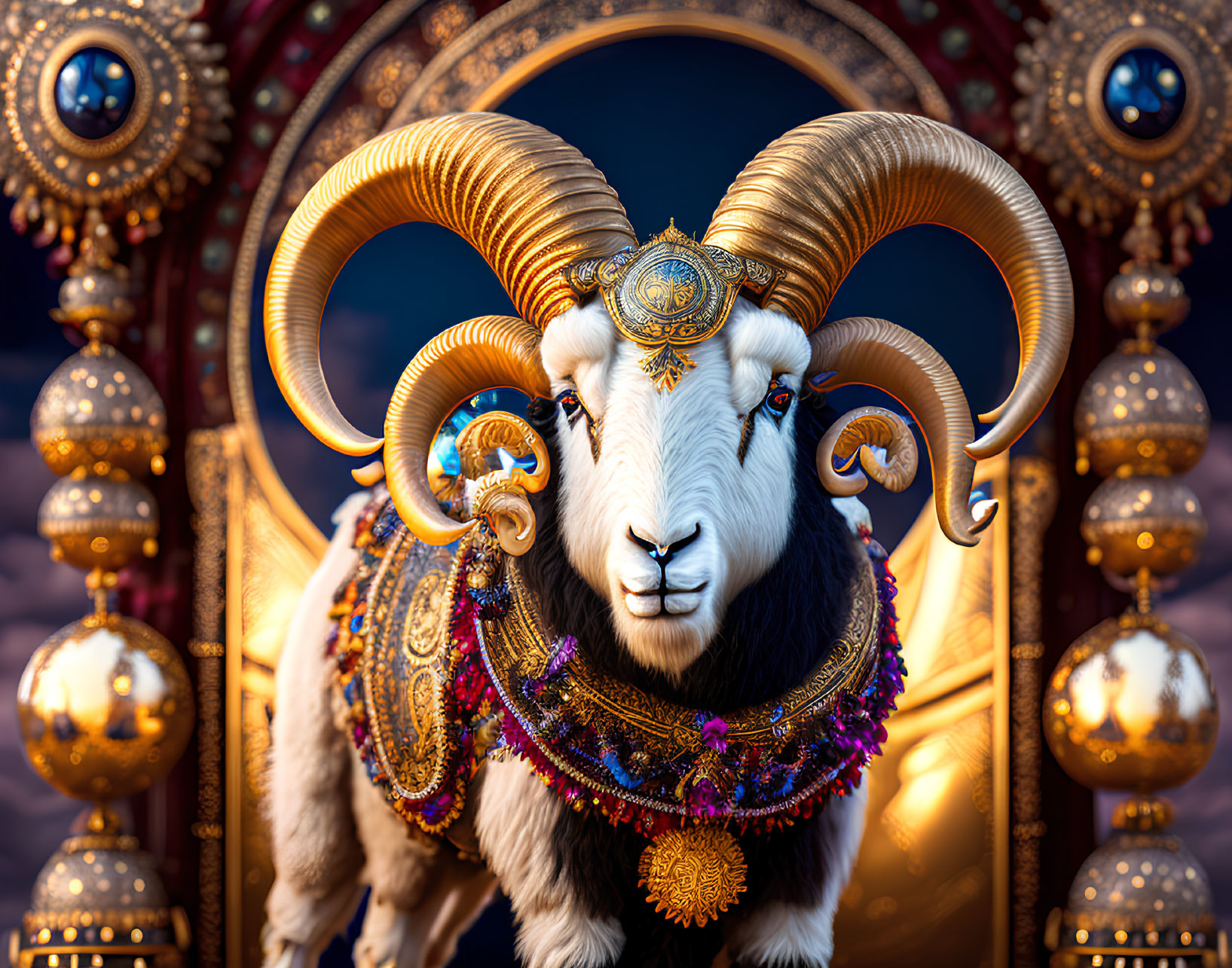 Majestic ram with golden horns and luxurious decorations on archway backdrop