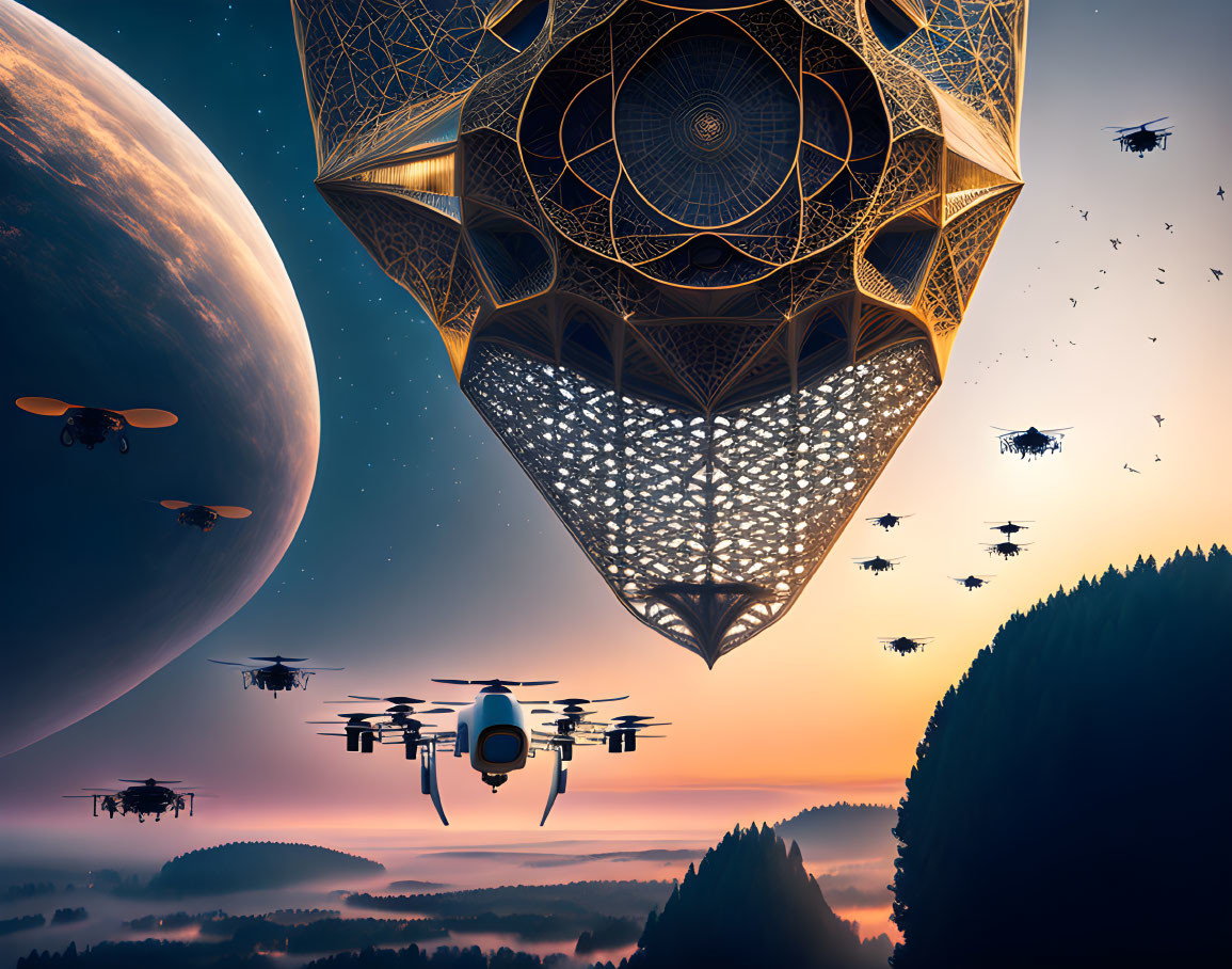 Futuristic drones near floating structure above misty forest