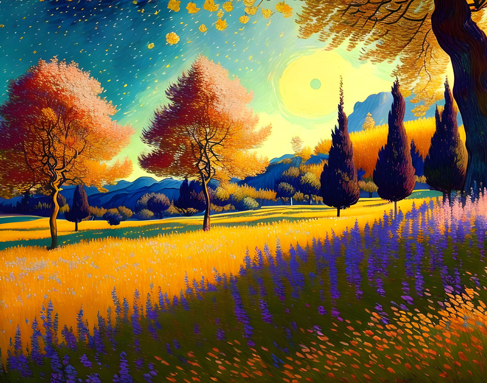 Colorful sunlit field with purple flowers and distant mountains under a magical sunset