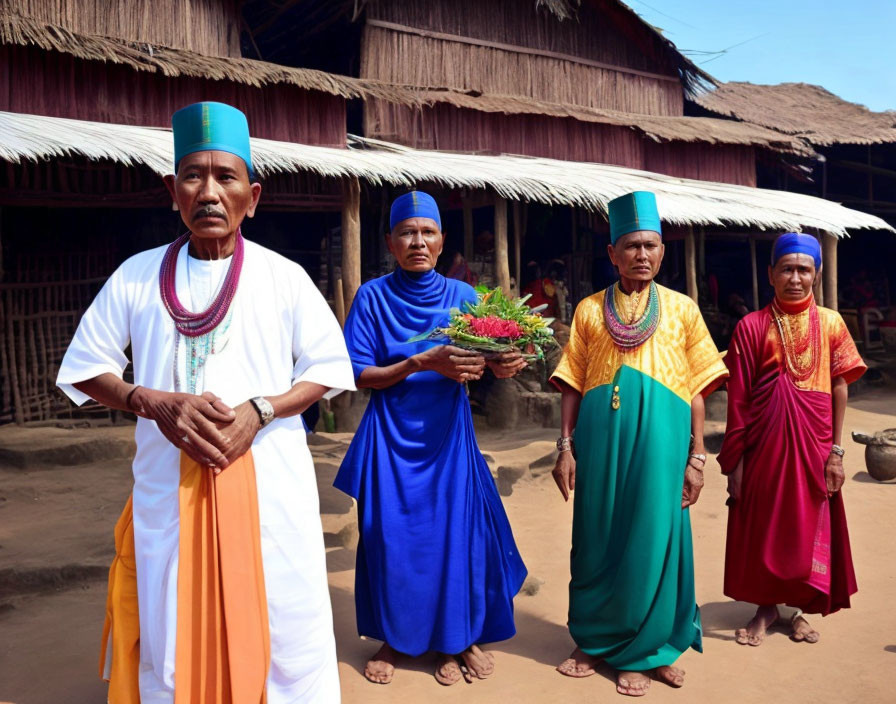 Four individuals in colorful traditional attire with turbans and beads standing in front of a thatched house,