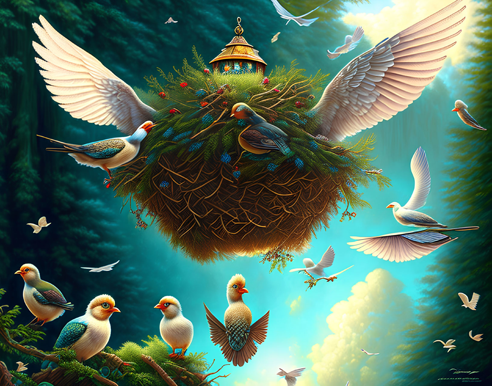 Illustration of floating bird's nest with temple, birds in emerald forest