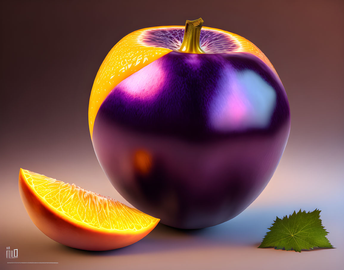 Hyperrealistic Image: Eggplant Body with Orange Top and Slice, Green Leaf