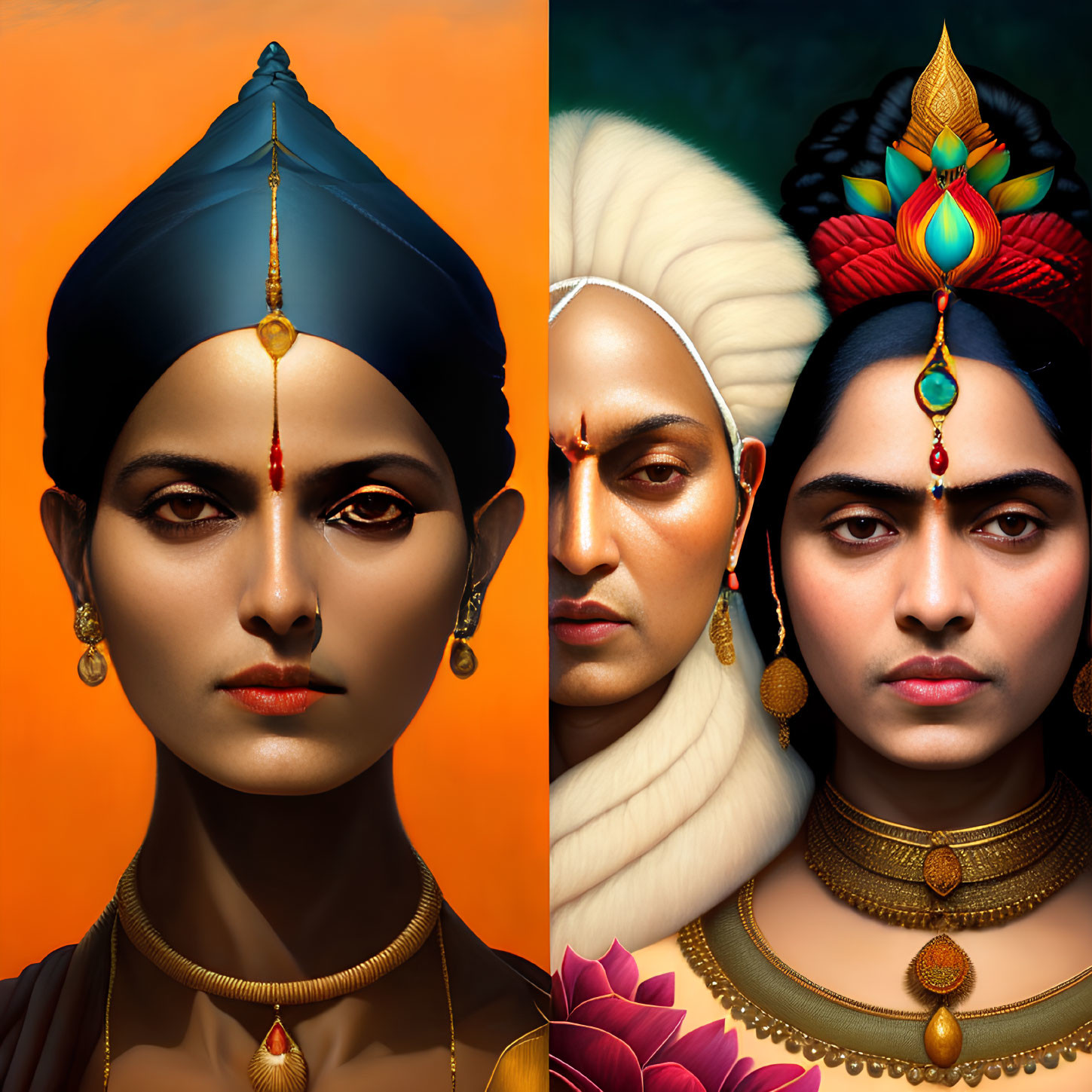 Stylized portraits: Traditional Indian attire and jewelry comparison