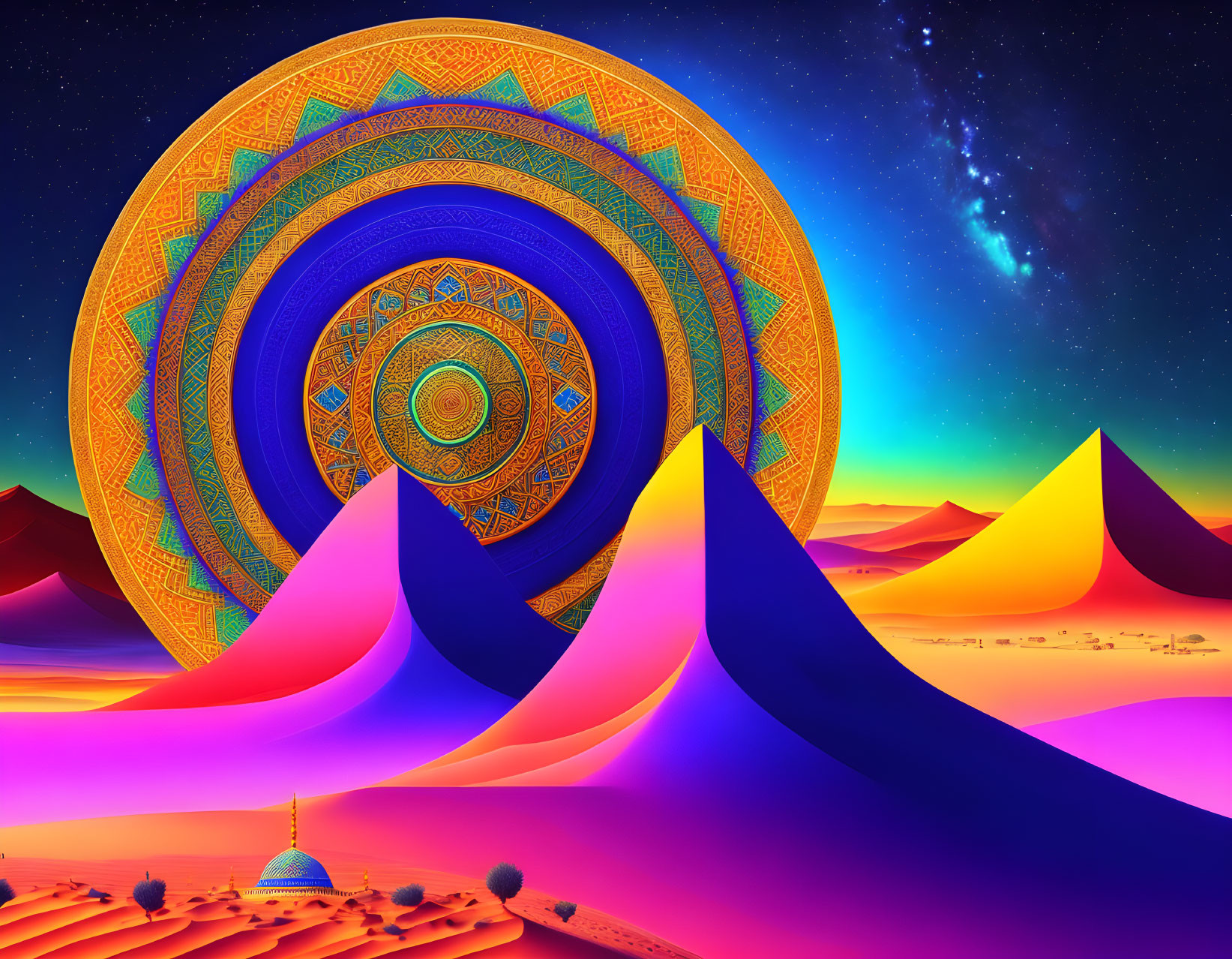 Colorful psychedelic desert scene with mandala and starlit sky.