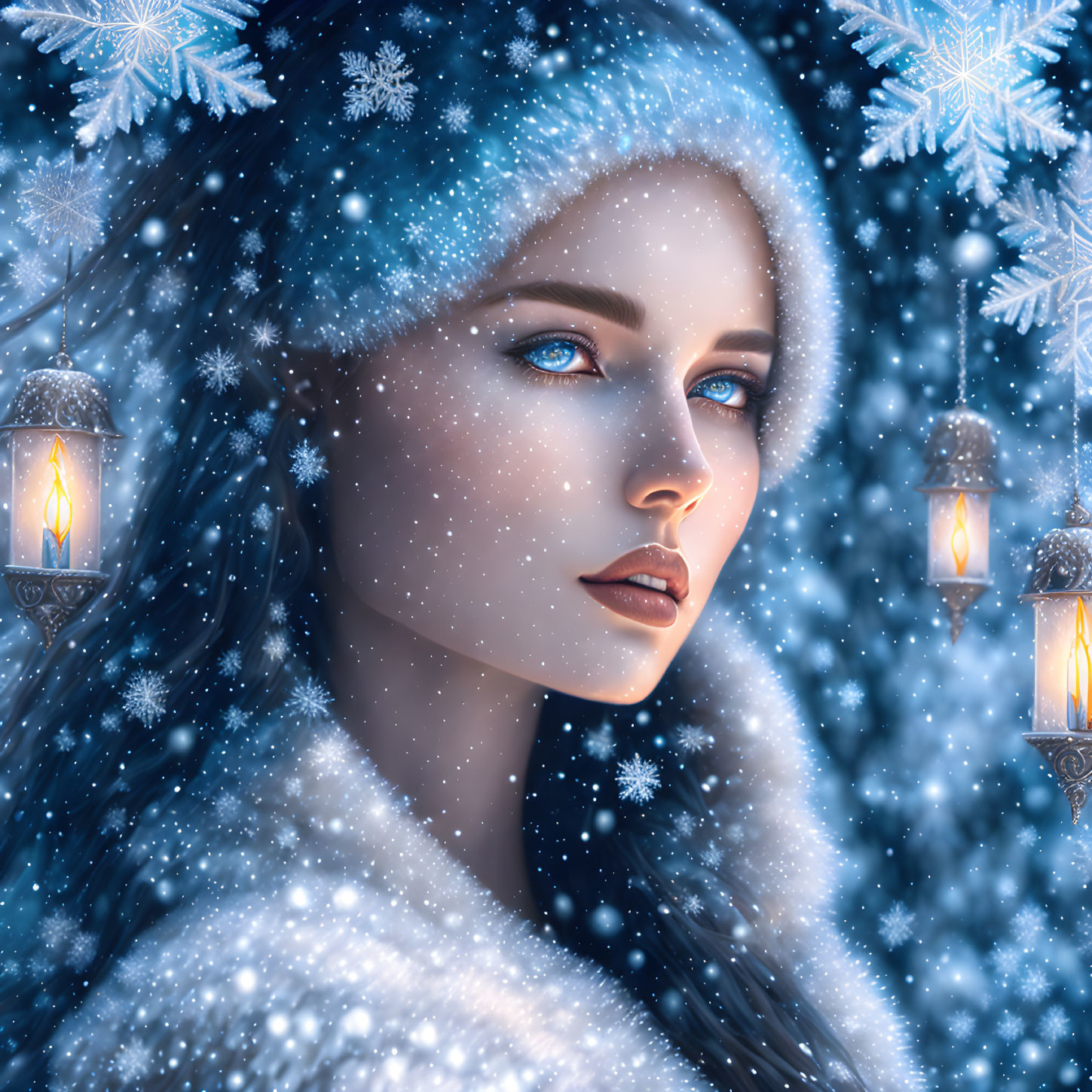 Portrait of Woman with Blue Eyes, Fur Hood, Snowflakes, and Lanterns in Winter