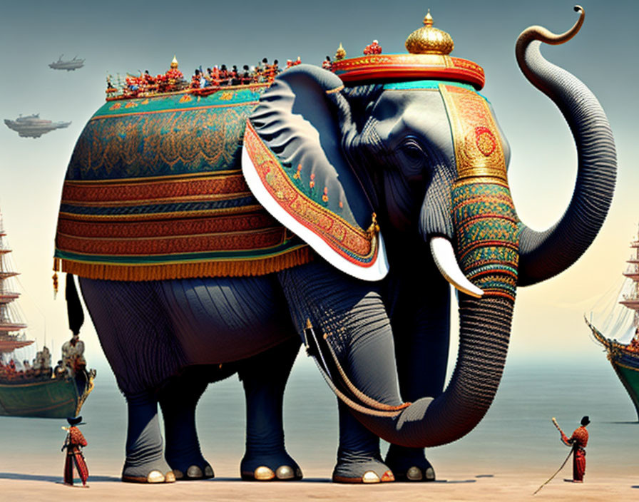 Adorned elephant with passengers, ships, and commander in fantasy scene