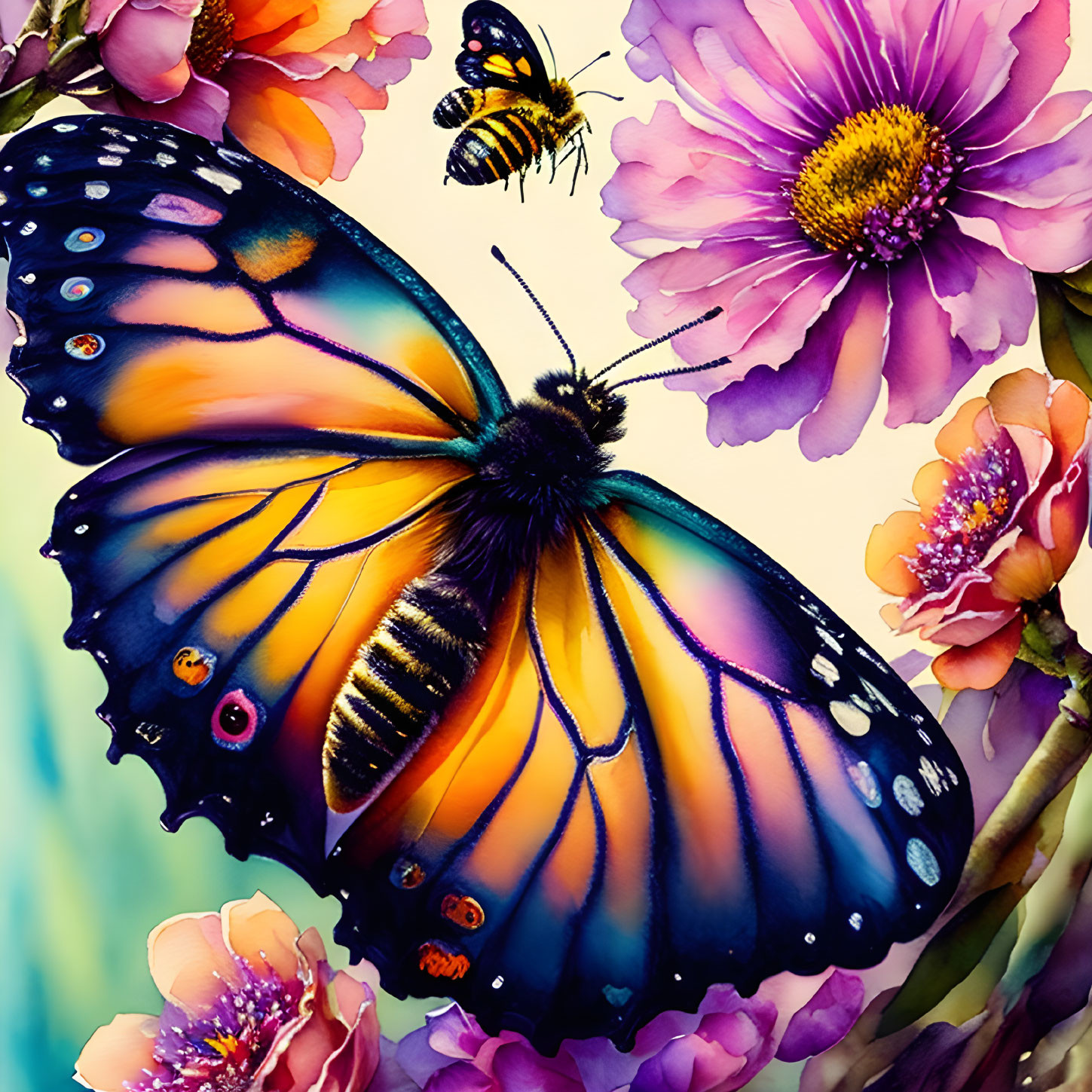Colorful Butterfly and Bee Among Pink Flowers on Blue Background