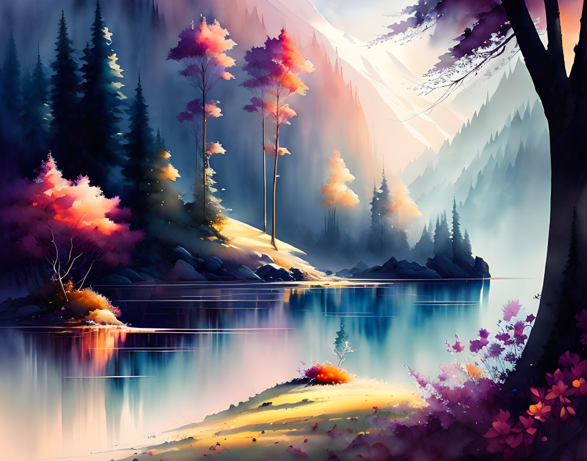 Colorful trees and misty mountains by serene lake in digital art