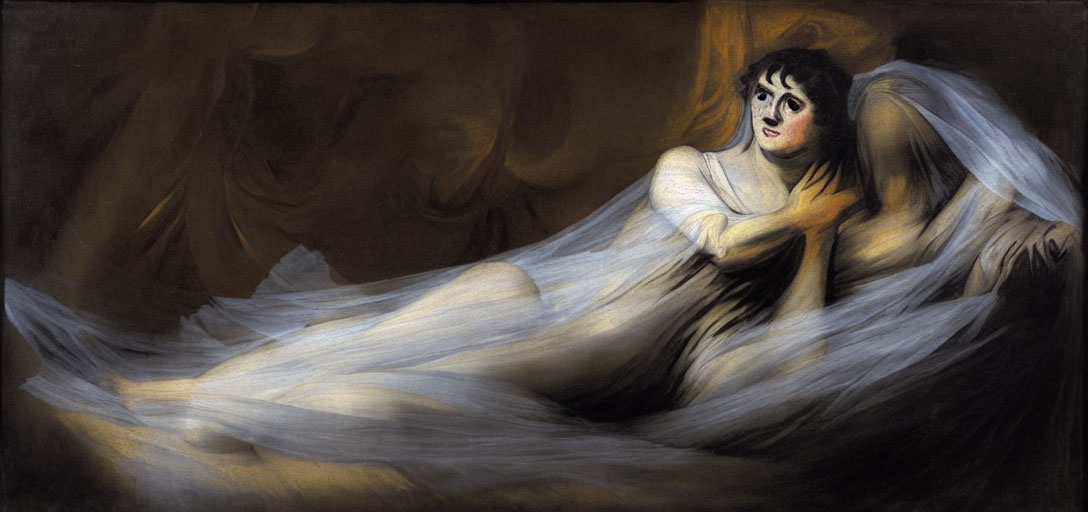 Intense woman portrait emerging from drapery on dark background