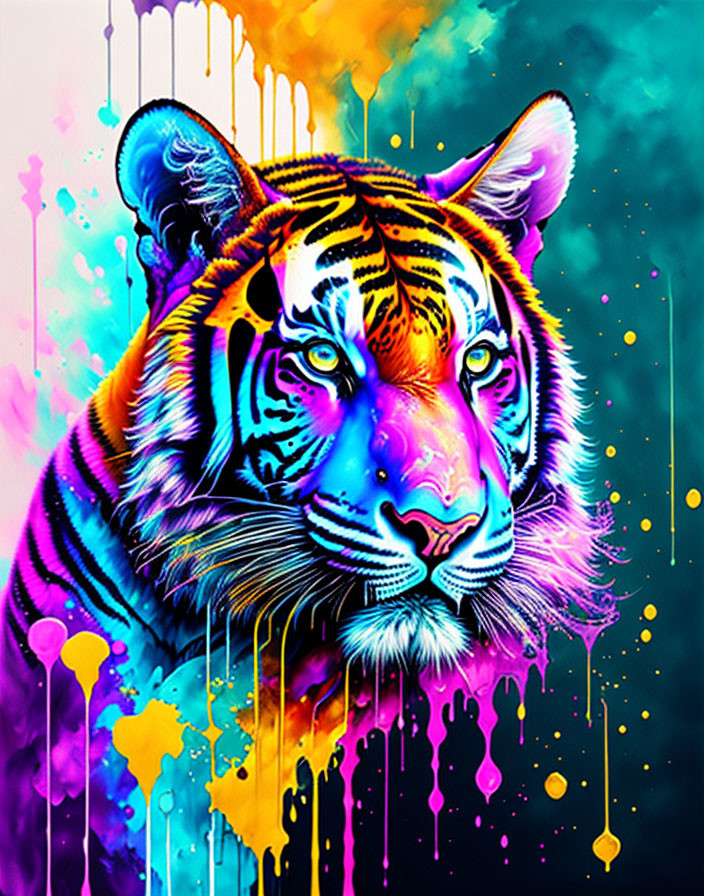 Colorful Digital Artwork: Tiger with Neon Hues and Dripping Paint