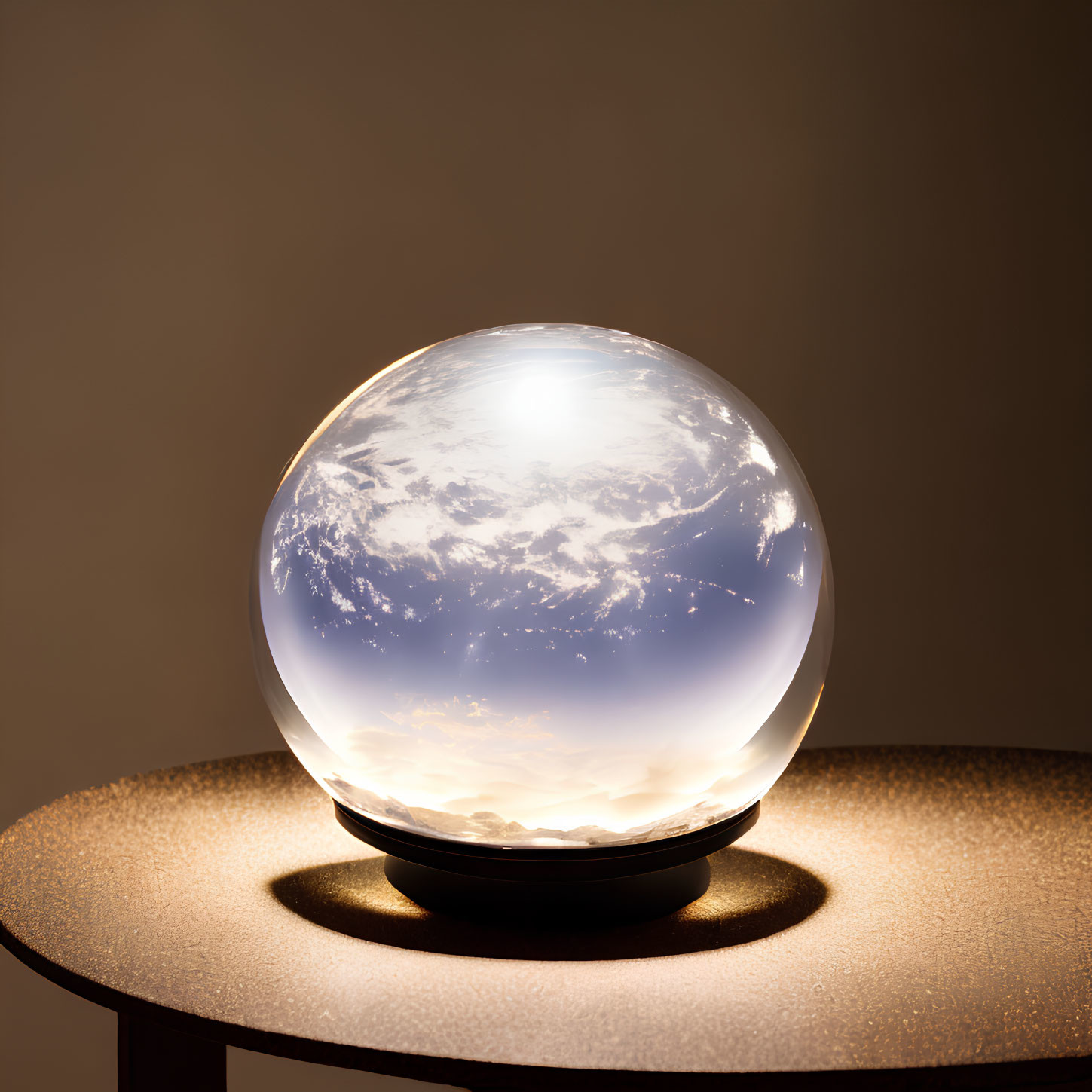 Translucent globe with illuminated clouds and continents on table