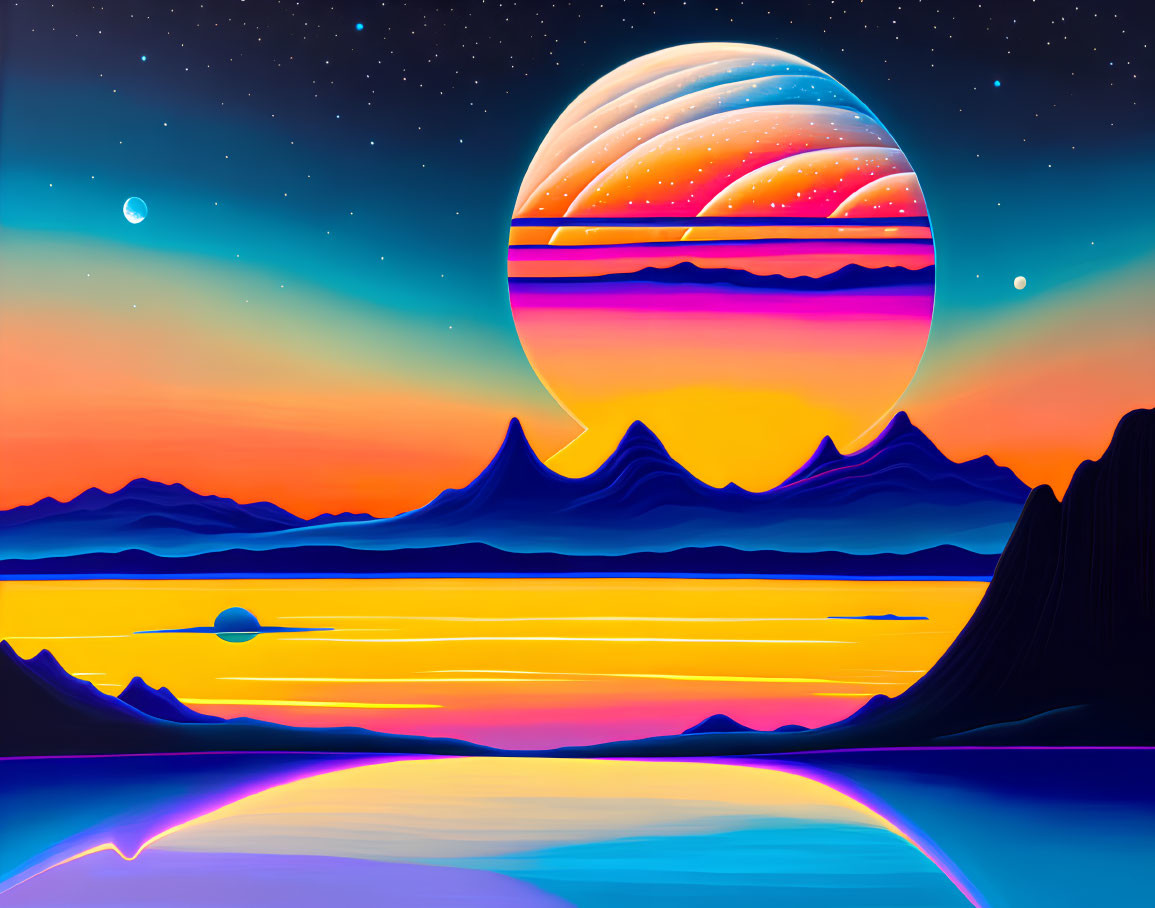 Colorful surreal landscape with ringed planet, starlit sky, mountains, and reflective water