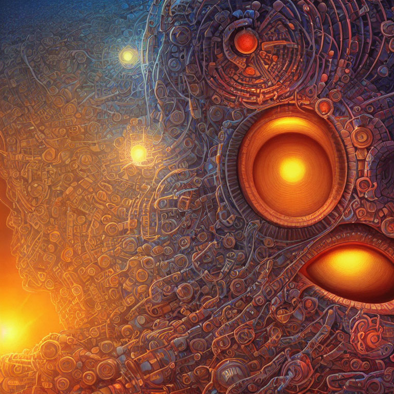 Intricate steampunk-themed mechanical artwork with warm orange and blue tones