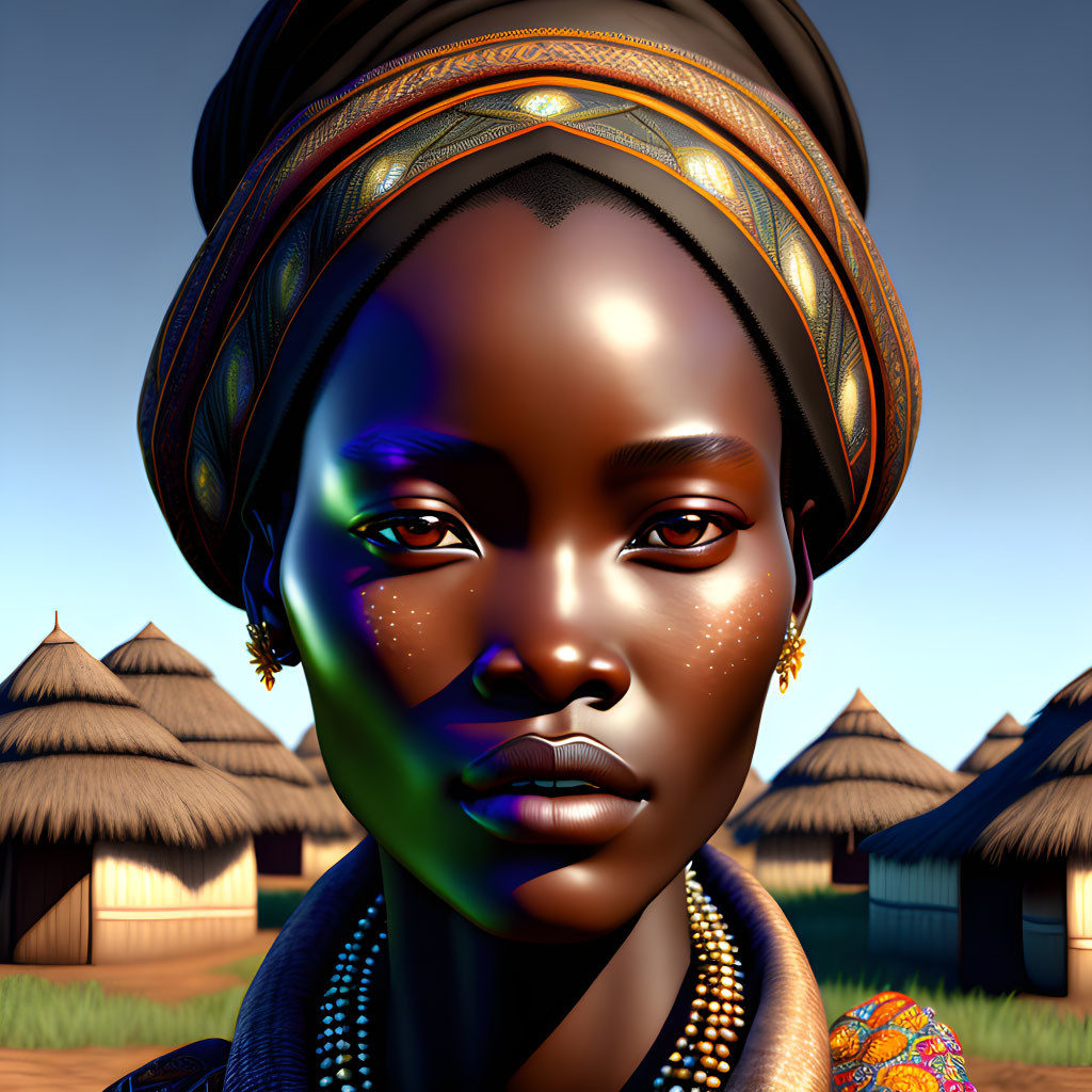Vibrant illustration of woman in headwrap and jewelry against thatched huts under blue sky