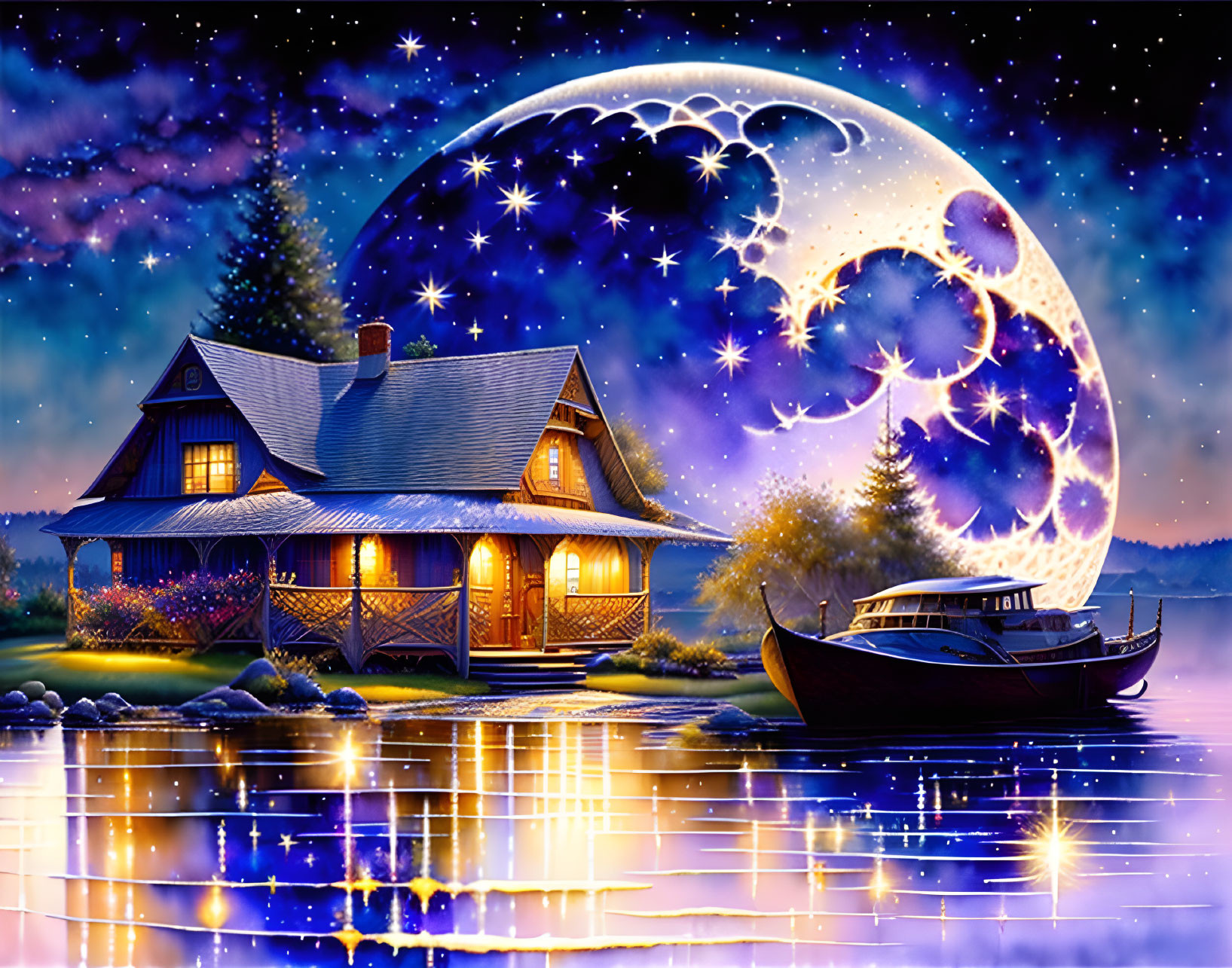Rustic lakeside cabin at night with crescent moon and starry sky