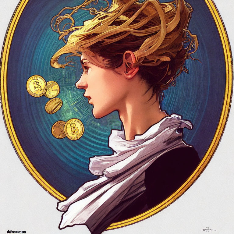 Profile portrait with swirling hair and floating Bitcoin coins on blue and gold backdrop