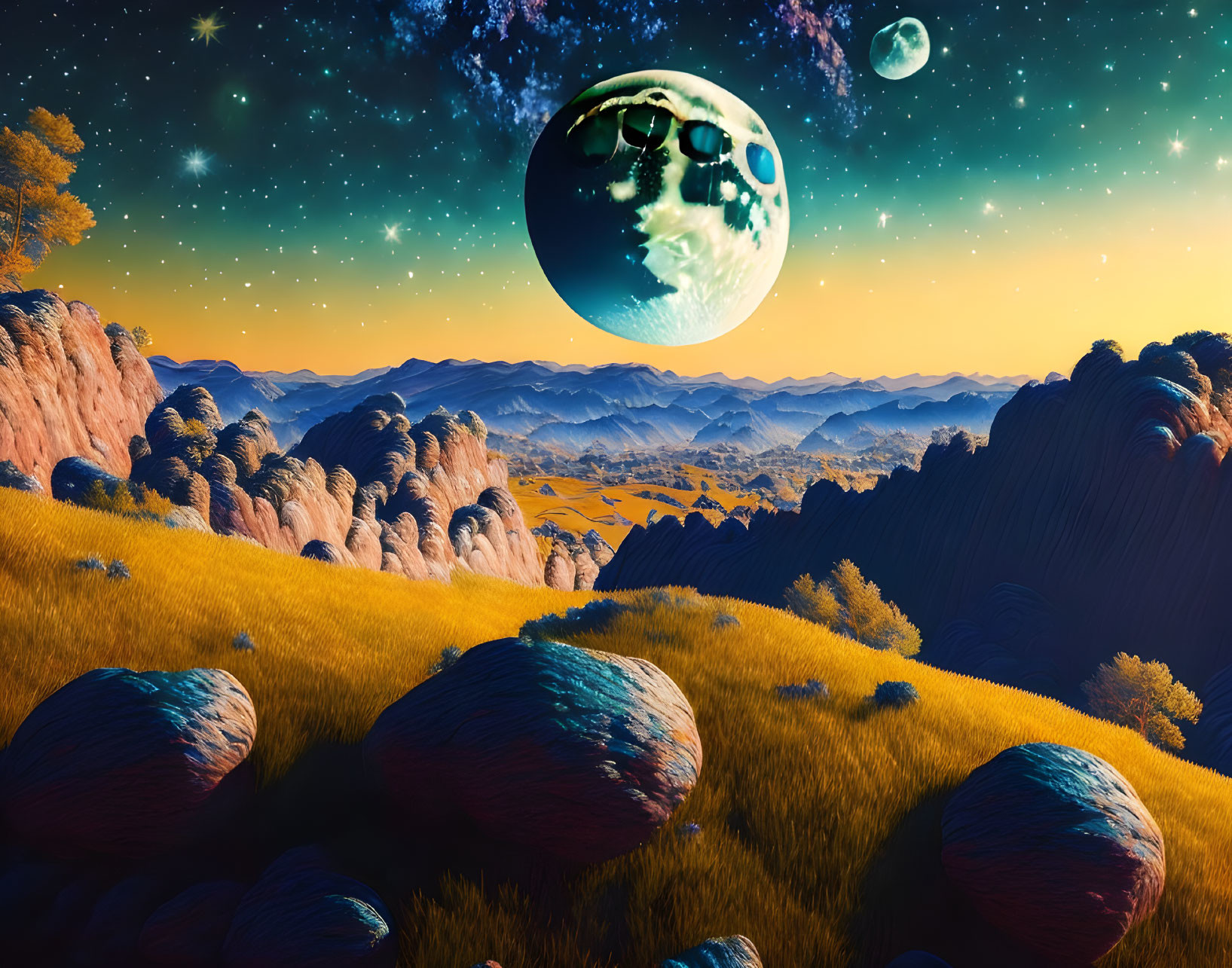 Fantastical landscape with yellow grass hills, boulders, surreal sky
