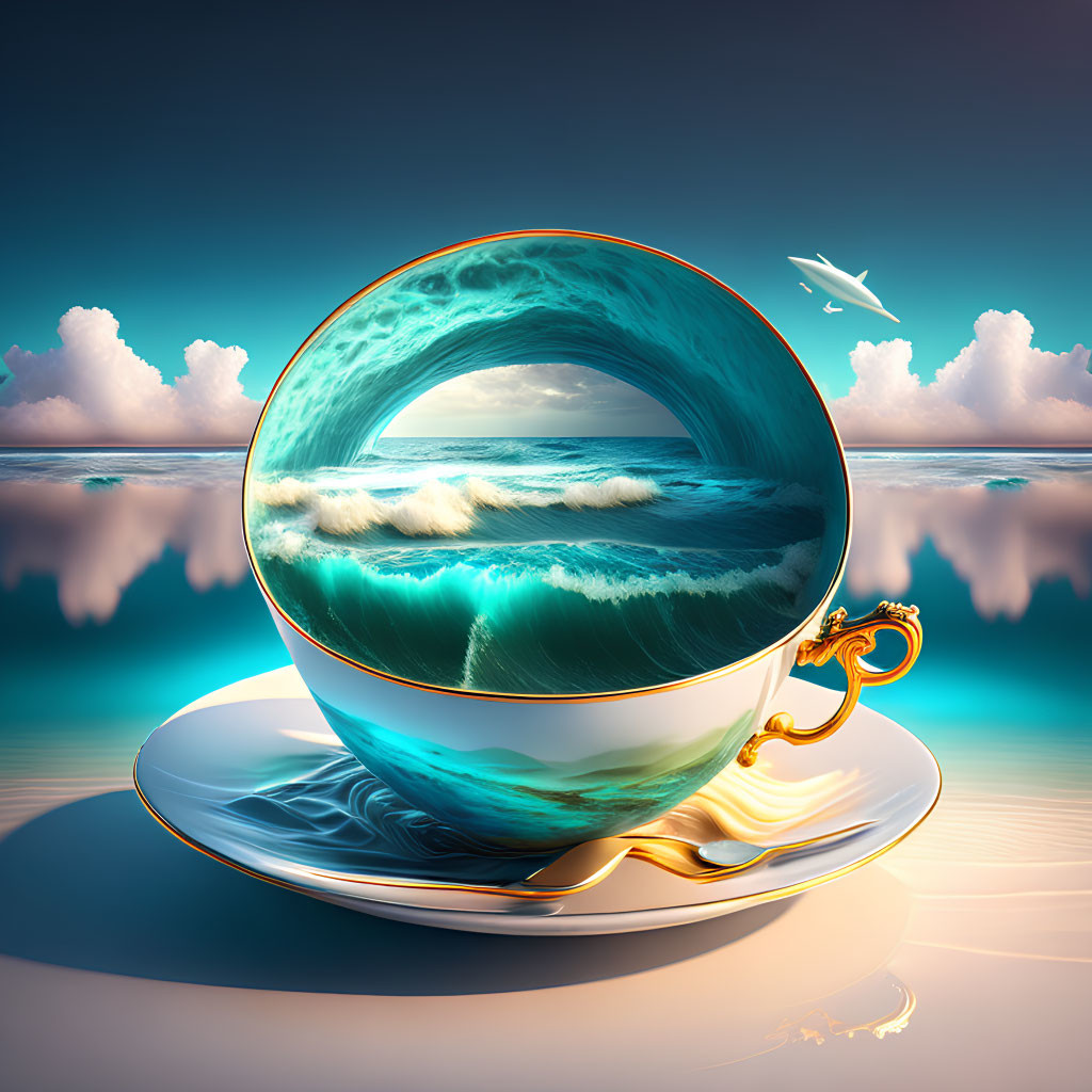 Surreal teacup with ocean wave, sky, clouds, and bird.