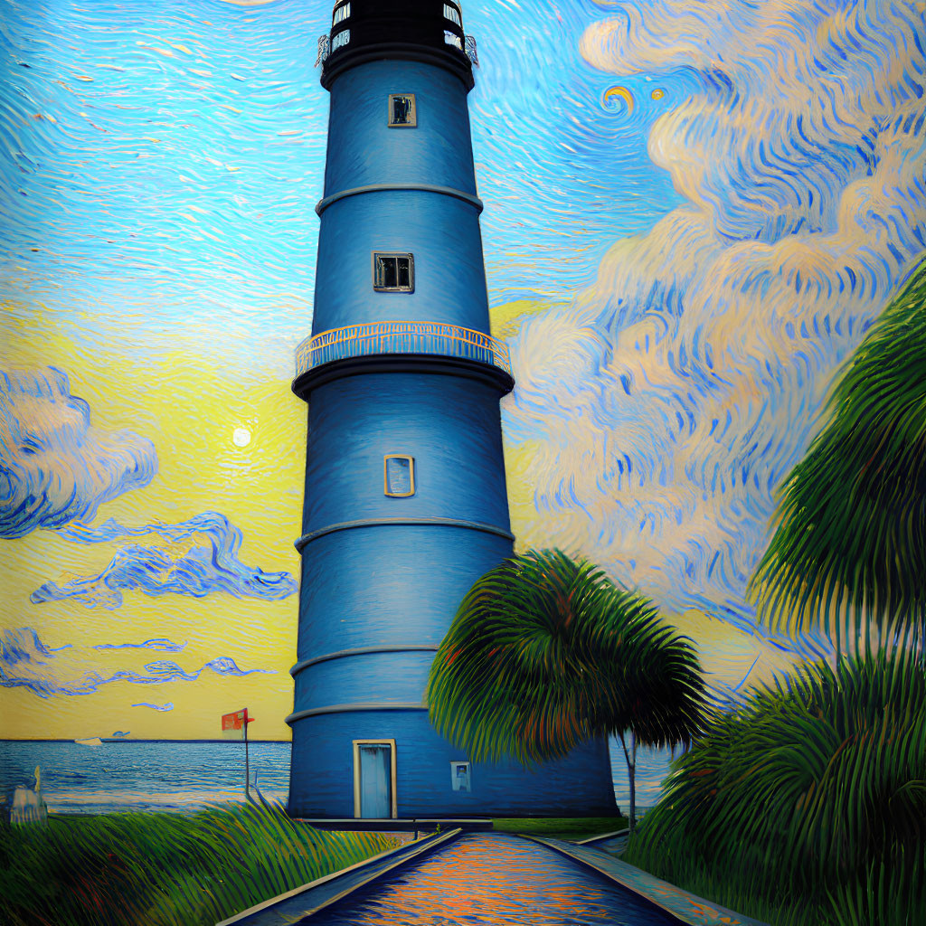 Blue lighthouse digital painting with swirling skies, palm trees, and sunset.