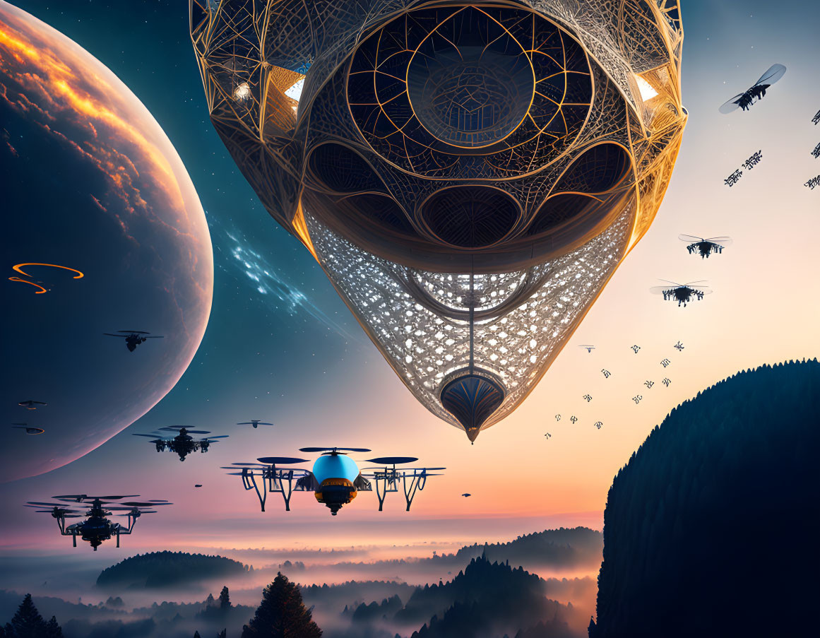 Futuristic dusk scene with flying vehicles, ornate structure, forest, and giant planet.