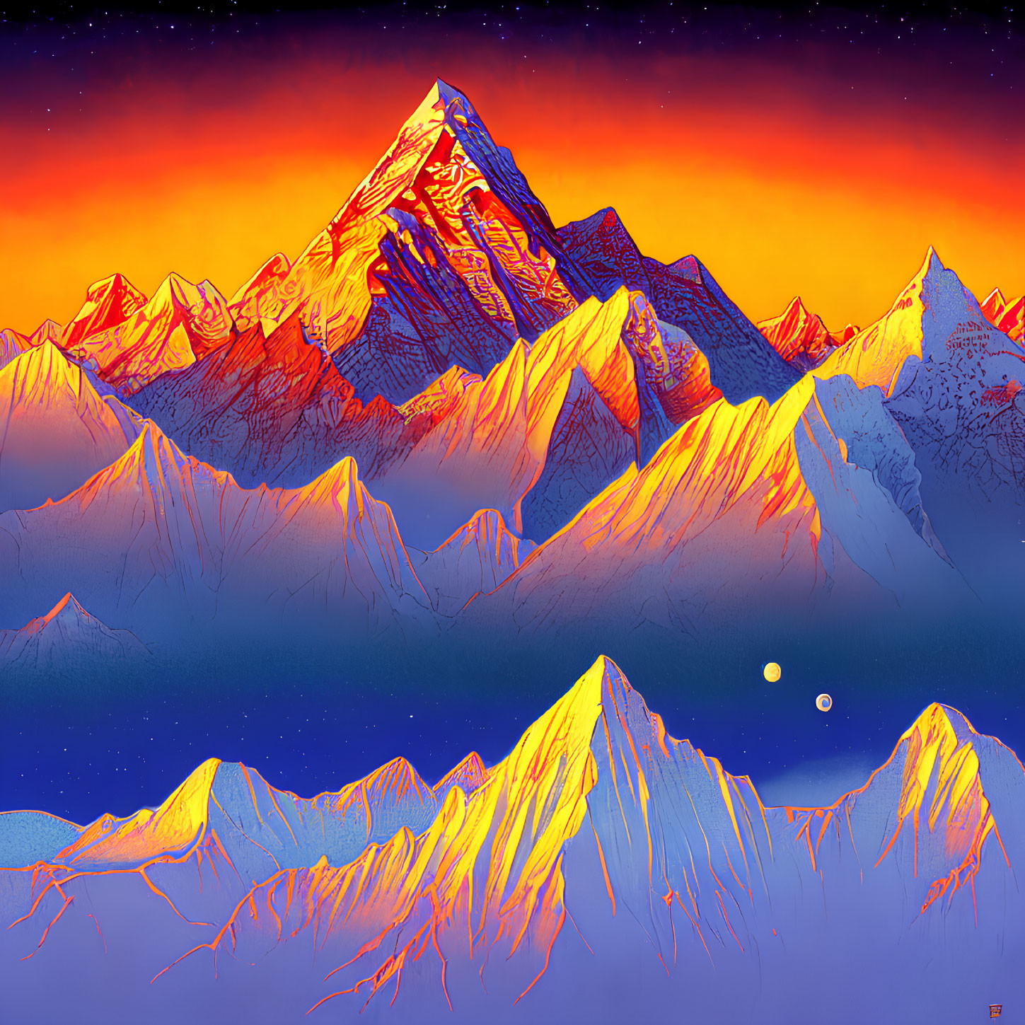 Scenic digital illustration: mountain range at sunset with fiery clouds, tranquil lake, and two moons.