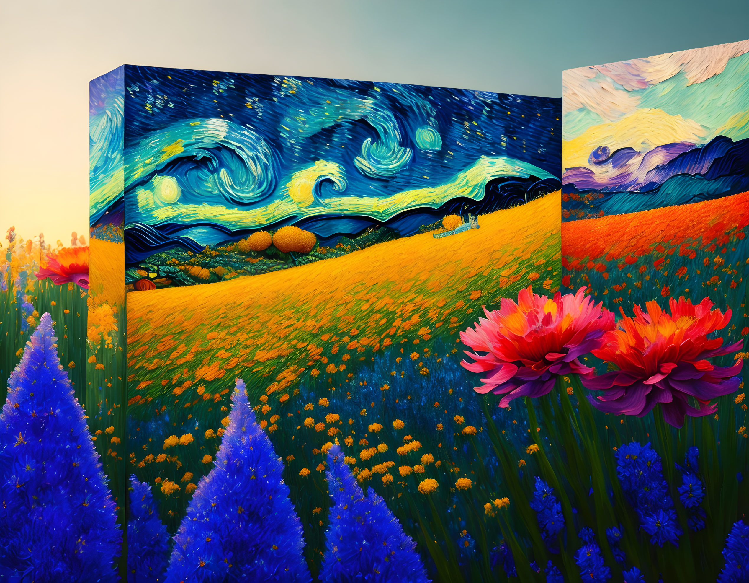 Colorful 3D art installation: Van Gogh's "Starry Night" above vibrant flower