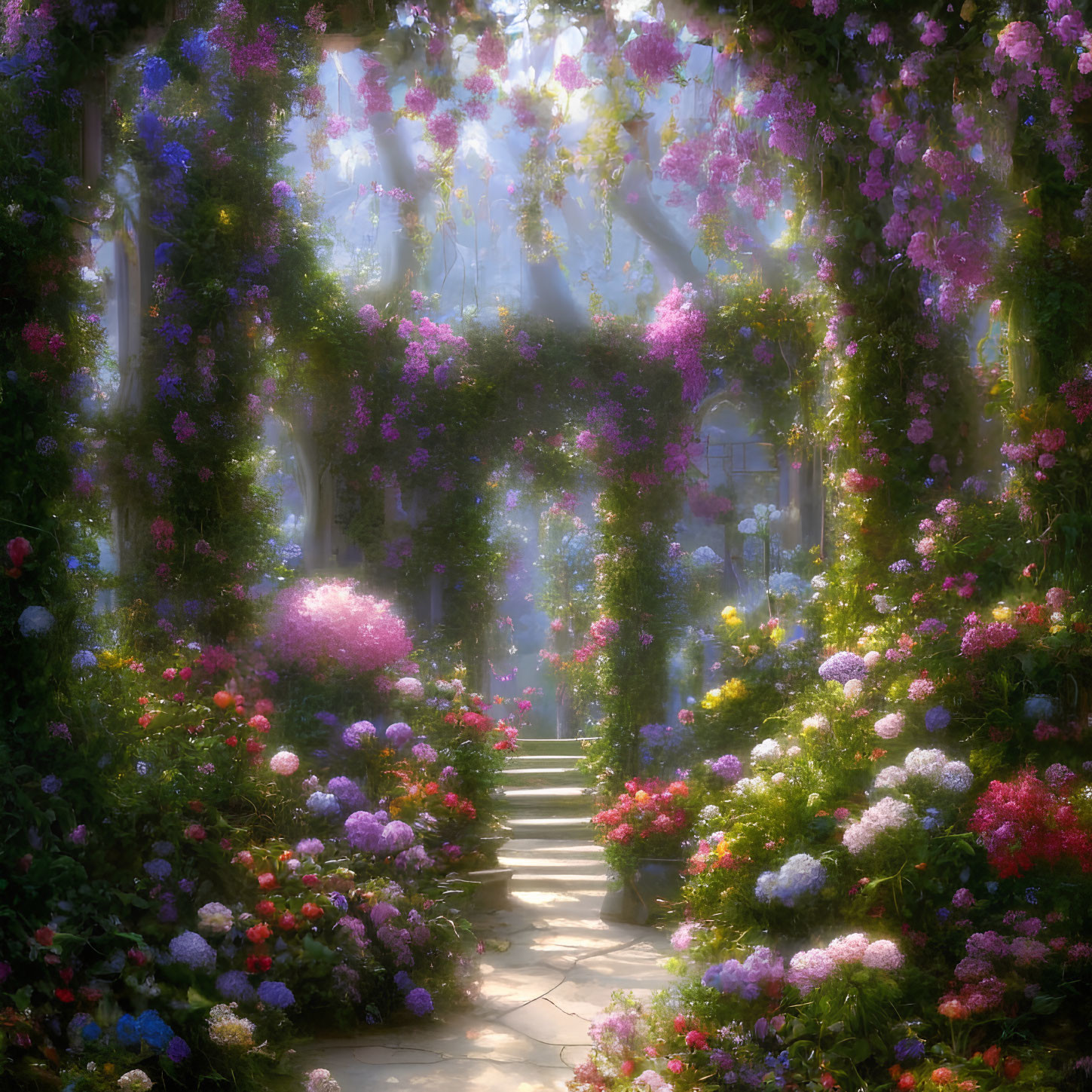 Lush multicolored flower-lined garden pathway in soft sunlight