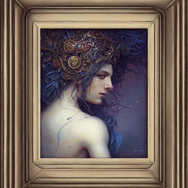 Portrait of Woman with Blue Hair and Bronze Headpiece in Ornate Brown Frame