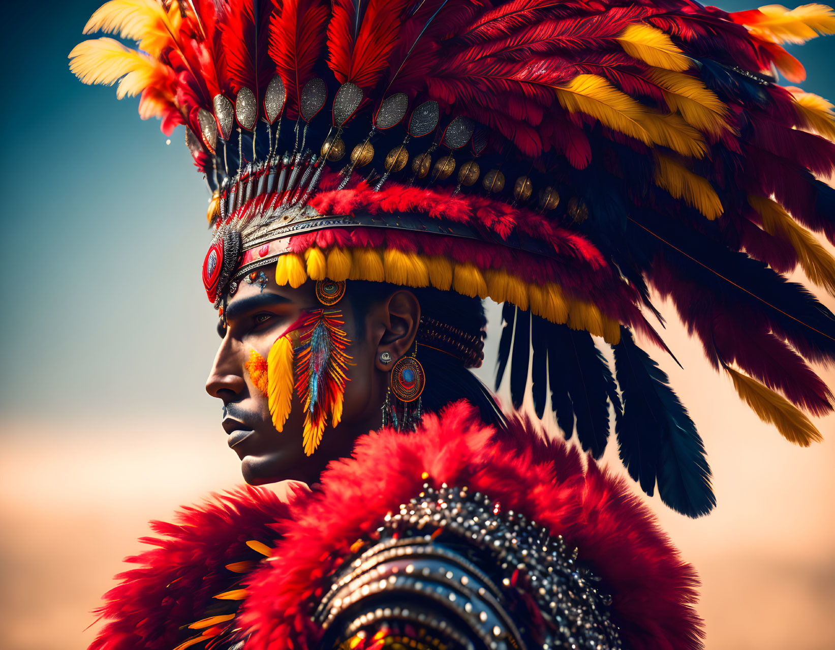 Colorful Feathered Headdress Portrait Against Cloudy Sky
