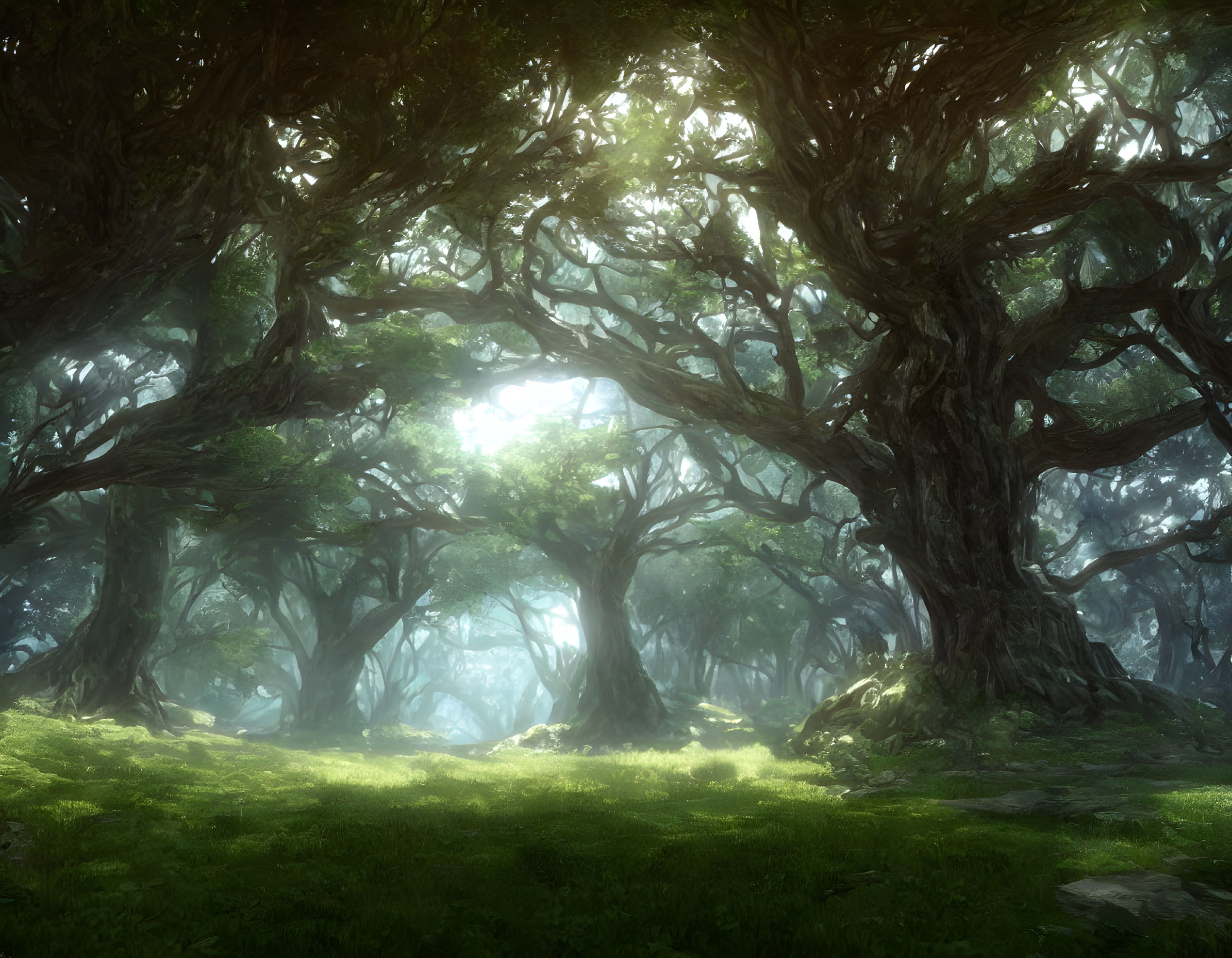 Sunlit forest clearing with ancient trees and mossy ground in ethereal mist