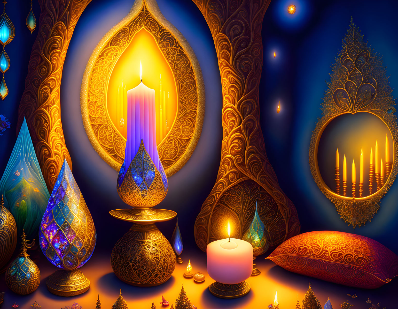Colorful digital artwork: ornate lamps, candles, cushions, golden patterns, deep blue ambiance