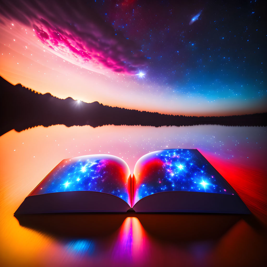 Open book with night sky pages & sunset over lake with cosmic sky.