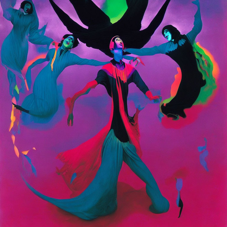 Colorful figures in vibrant attire with masks against a psychedelic backdrop